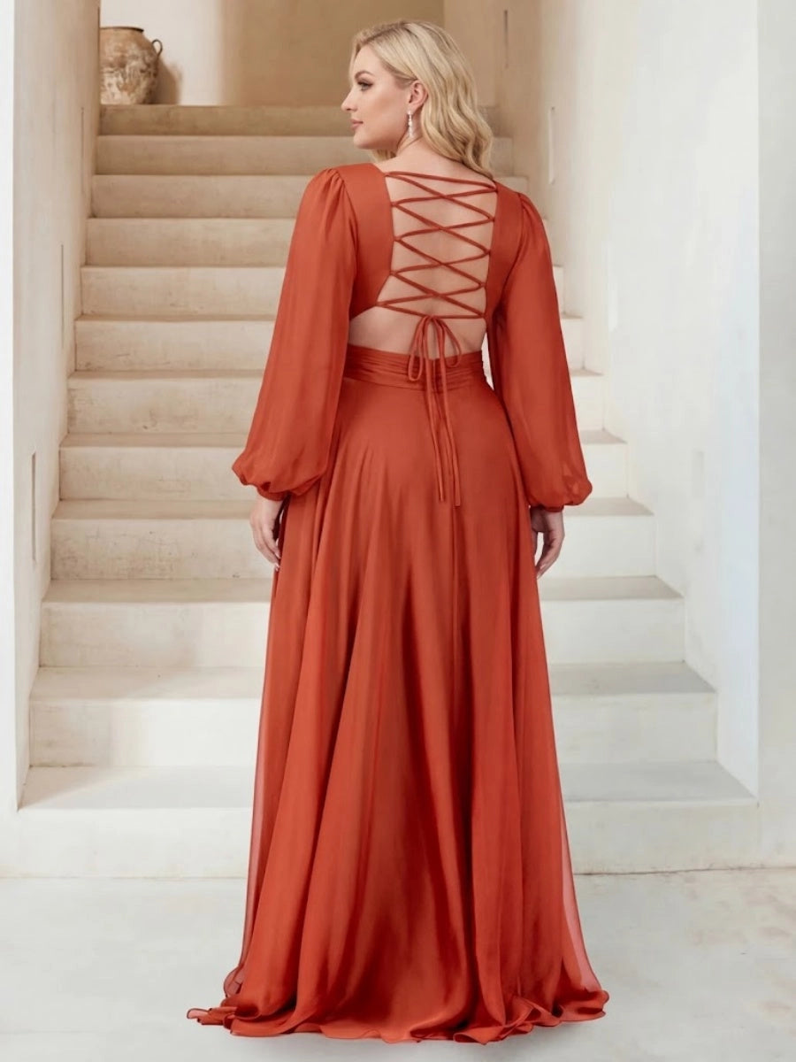 Roselledress rust orange curve friendly formal gown criss cross lace up open back flowy chiffon prom dress