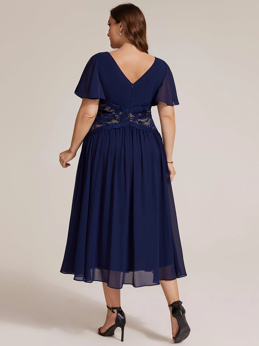 Dark Brown Chiffon Lace Flutter Sleeve Midi Plus Size Mother of the Bride Dress