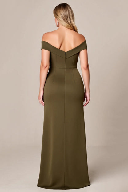 Roselledress crepe plus size formal dress back view, off-shoulder solid back zipper closure sleek mermaid evening gown