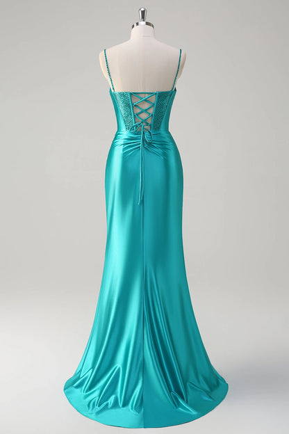 Turquoise Mermaid Sweetheart Spaghetti Lace Up Back Maxi Prom Dress