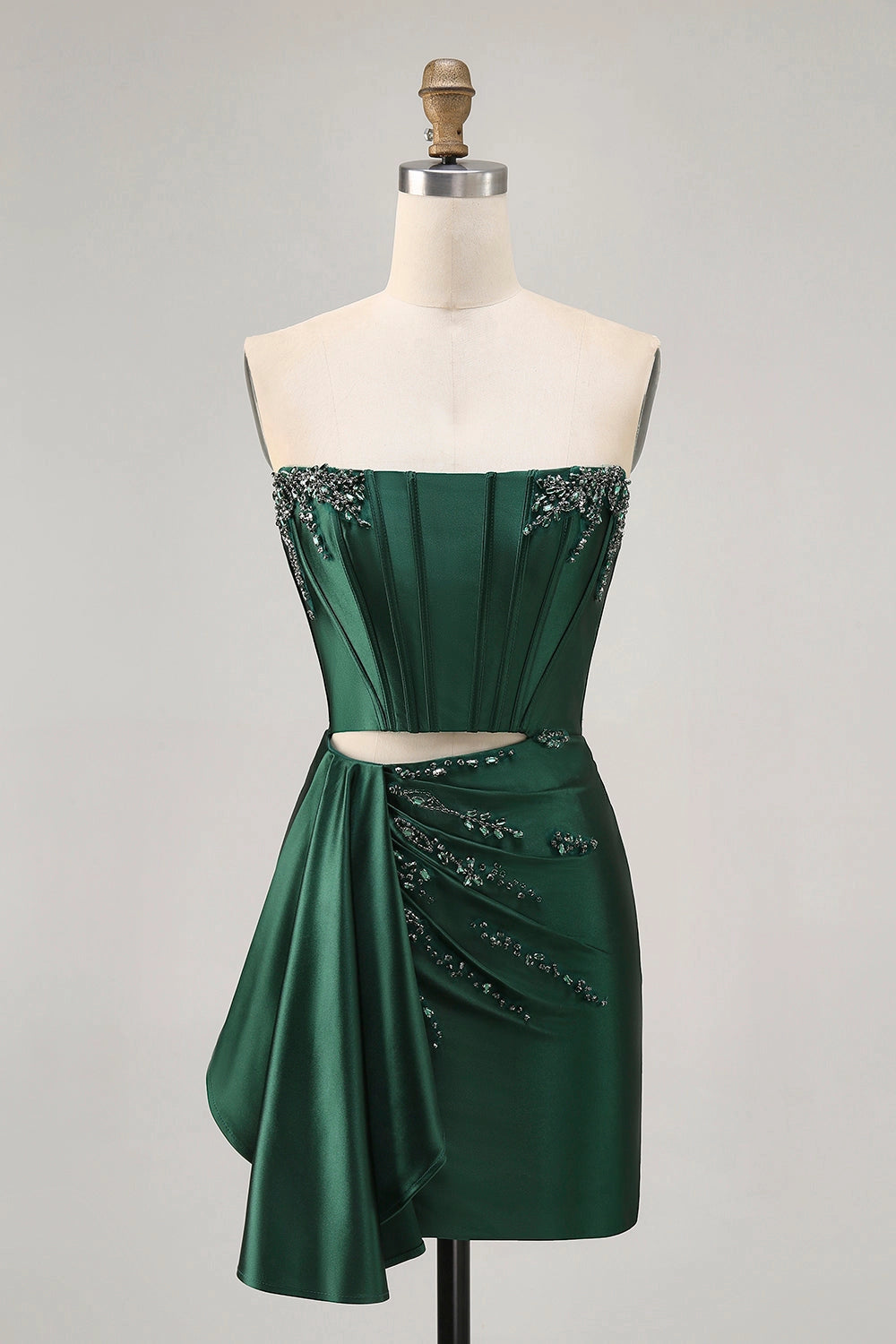 Roselle Dress emerald green satin corset mini dress strapless rhinestone cutout drape homecoming gown front view