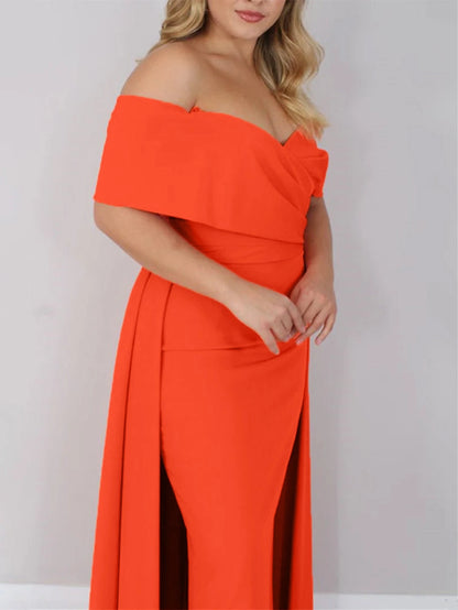 Stunning Sheath Off‑The‑Shoulder Short‑Sleeve Zip‑Back Floor‑Length Formal Plus Size Wedding Guest Dress