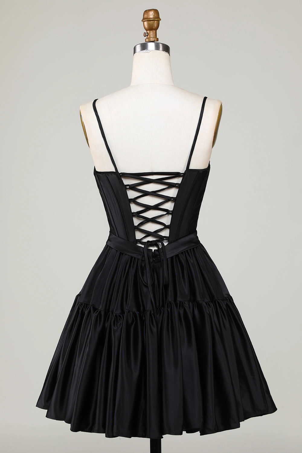 Back view RoselleDress black lace up back corset mini dress tiered satin homecoming dress