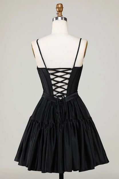 Back view RoselleDress black lace up back corset mini dress tiered satin homecoming dress