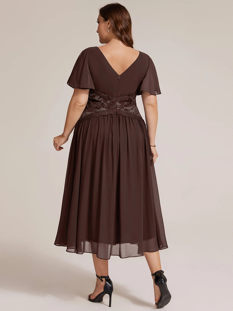 Roselle Dress plus size dark brown chiffon mother of the groom gown, back v-neck lace waist panel, flowy midi dress back view