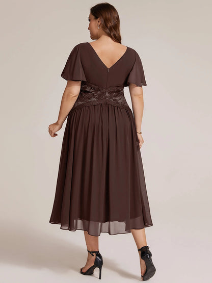 Roselle Dress plus size dark brown chiffon mother of the groom gown, back v-neck lace waist panel, flowy midi dress back view