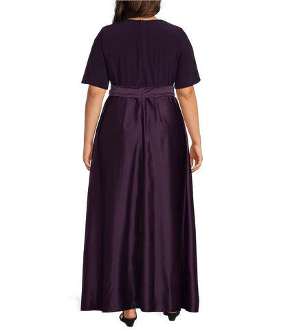 Roselle Dress plus size dark purple satin mother of the groom gown, back zipper, floor‑length a‑line maxi dress back view