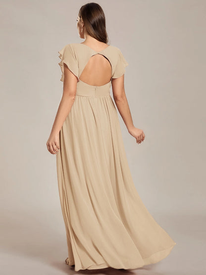 Back view of Roselledress nude plus size heart cutout back bridesmaid dress hidden zipper flutter sleeve long chiffon evening gown
