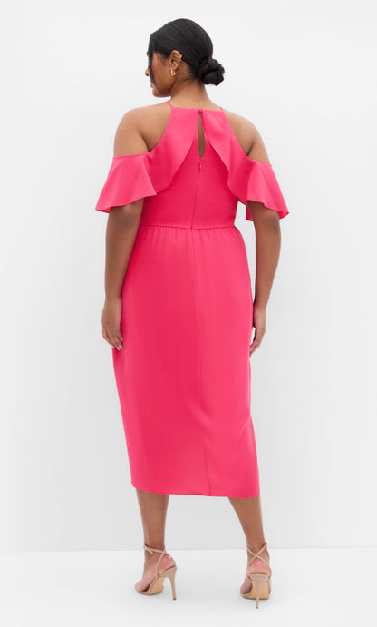 Chic Sheath Halter Cold‑Shoulder Flutter Sleeve Keyhole‑Back Midi Plus Size Wedding Guest Dress