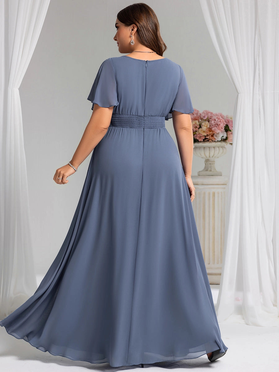 A-Line Round Neck Flutter Sleeve Back Zipper Floor Length Plus Size Floral Chiffon Wedding Guest Dress