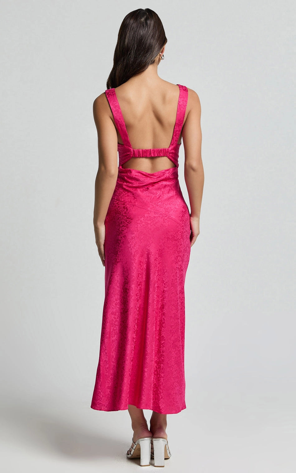 Roselledress cutout elastic back midi plus size dress back view, floral jacquard satin cocktail party dress