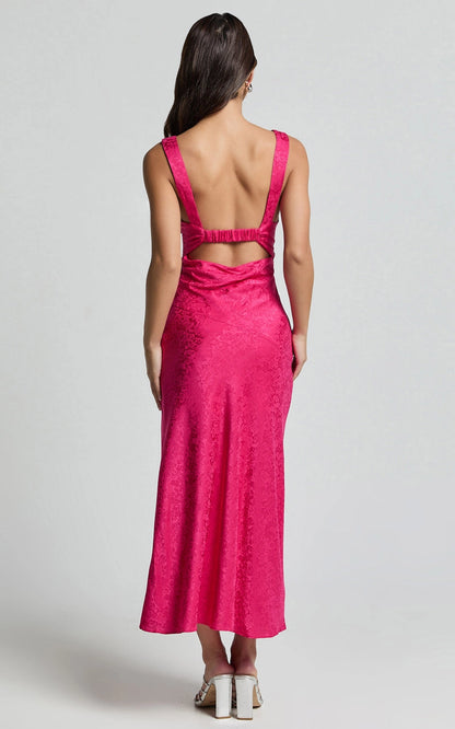 Roselledress cutout elastic back midi plus size dress back view, floral jacquard satin cocktail party dress