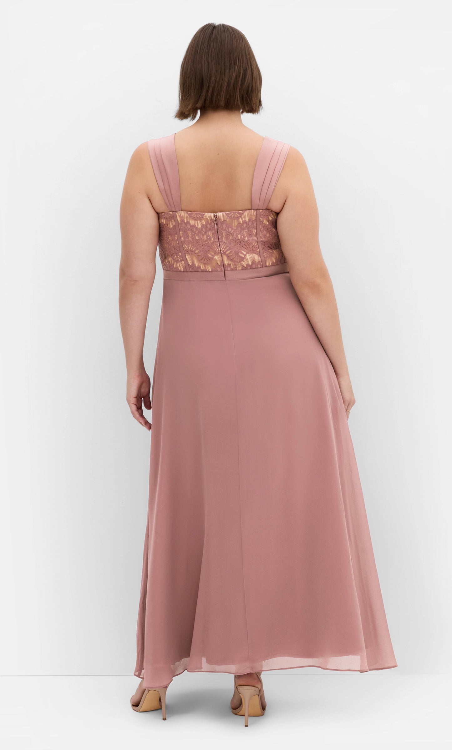 Roselle Dress plus size dusty rose formal guest maxi dress, lace back bodice, flowy chiffon skirt back view