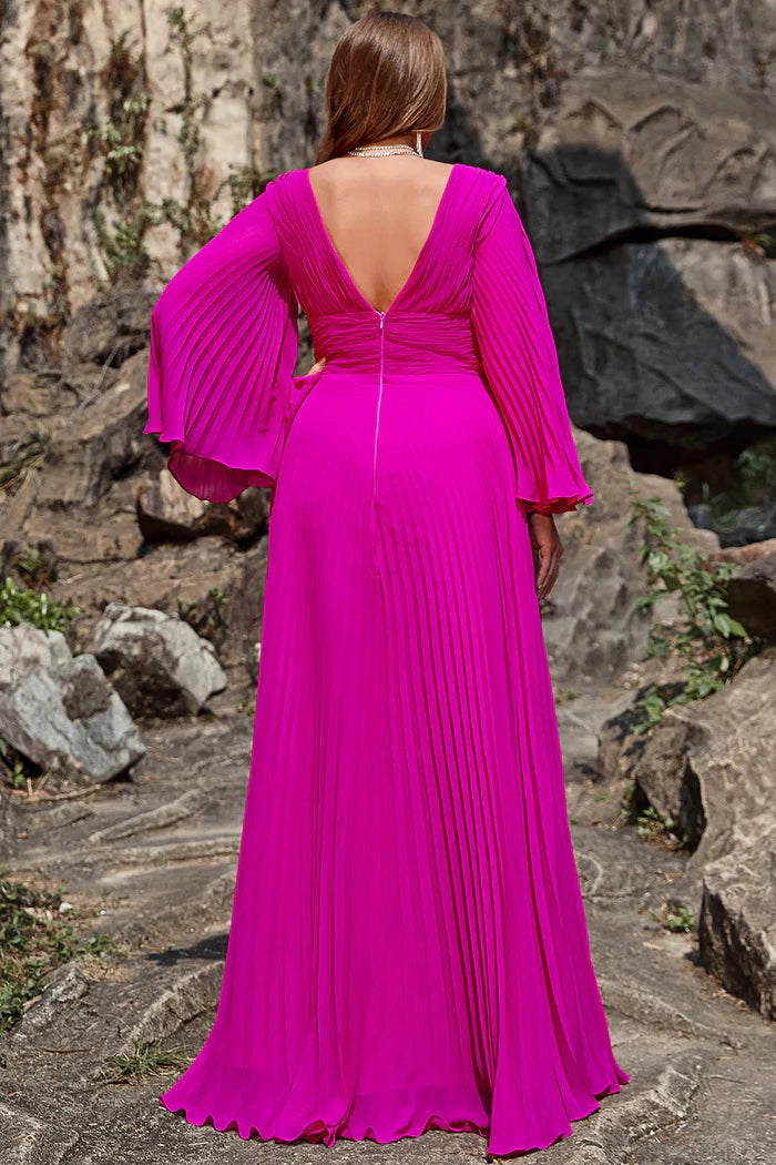 Roselledress fuchsia plus size formal gown back view, deep v‑back zip closure pleated chiffon floor‑length wedding guest dress