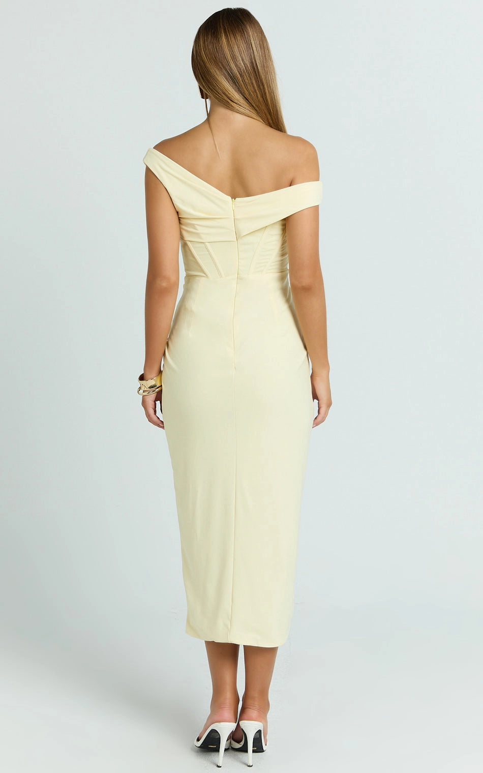 Chic Sheath Asymmetric Off‑Shoulder Sleeveless V‑Back Slit Midi Length Plus Size Prom Dress