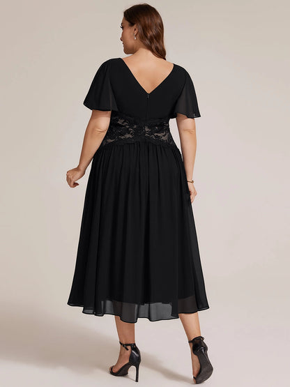 Dark Brown Chiffon Lace Flutter Sleeve Midi Plus Size Mother of the Bride Dress