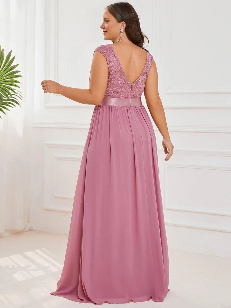 Romantic A-Line Round Cap Sleeve V-Back Sash Waist Floor-Length Plus Size Bridesmaid Dress