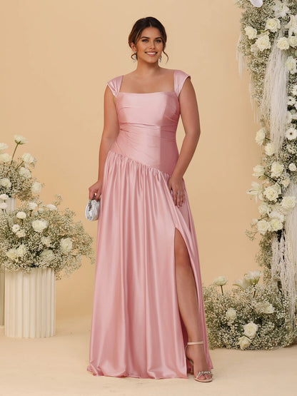 Stunning Champagne A‑Line Convertible‑Neck Ruched Zip‑Back High‑Slit Floor‑Length Bridesmaid Dress