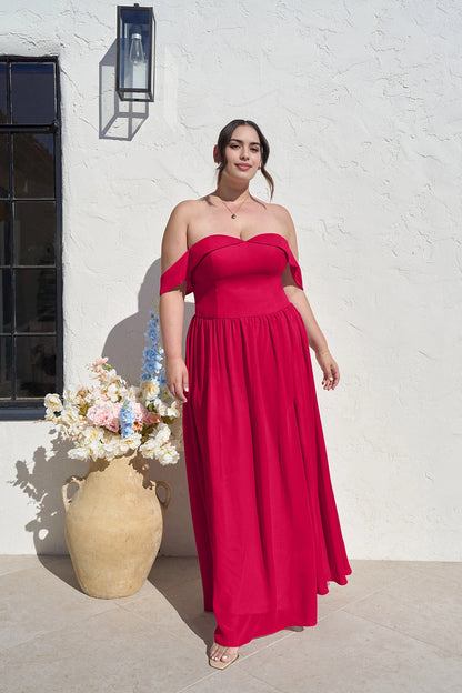 Romantic A-Line Sweetheart Off Shoulder Zipper Back Long Plus Size Bridesmaid Dress