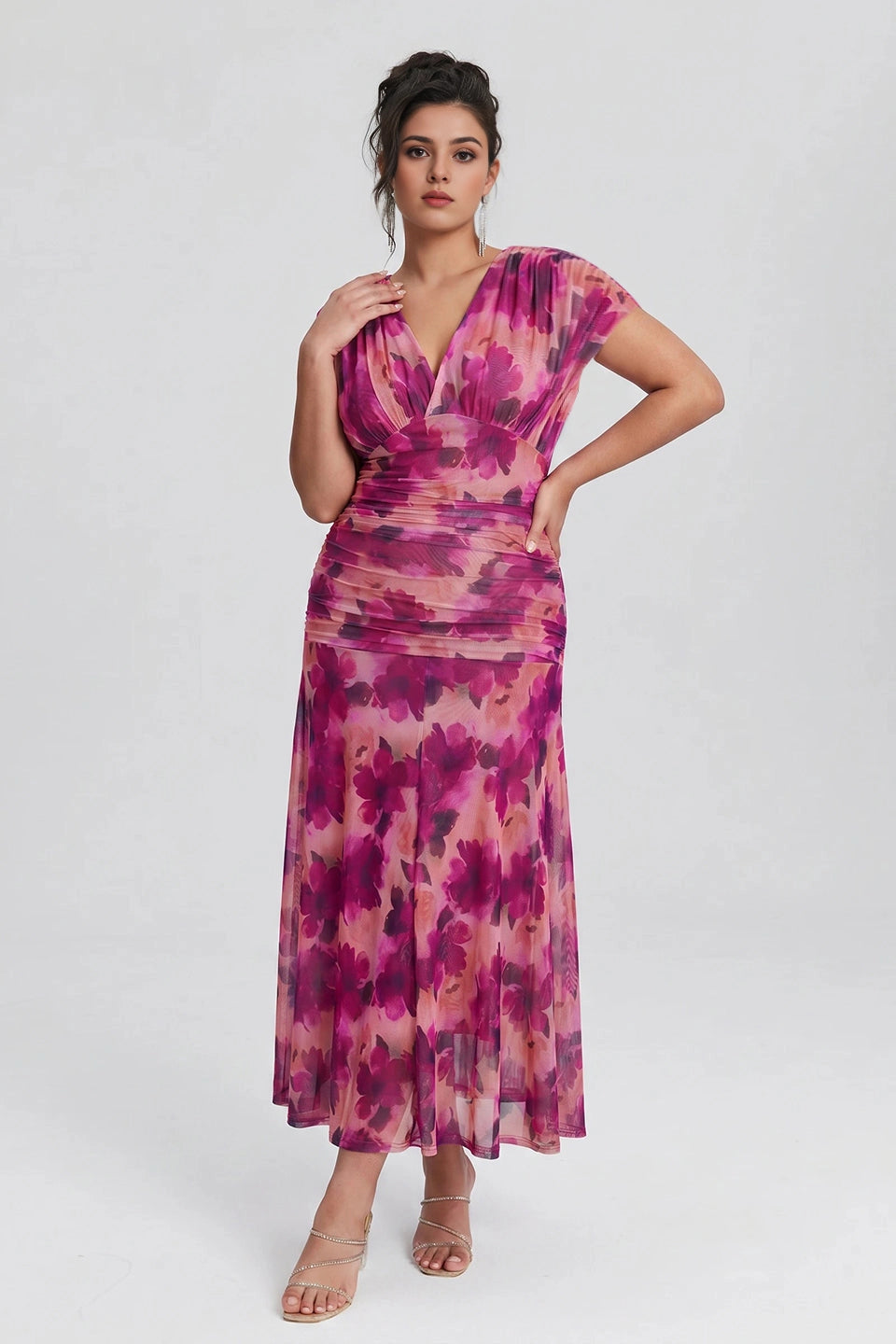 Chic Plus Size A‑Line Surplice‑V Flutter‑Sleeve Ruched‑Back Midi Mother Of Bride Dress