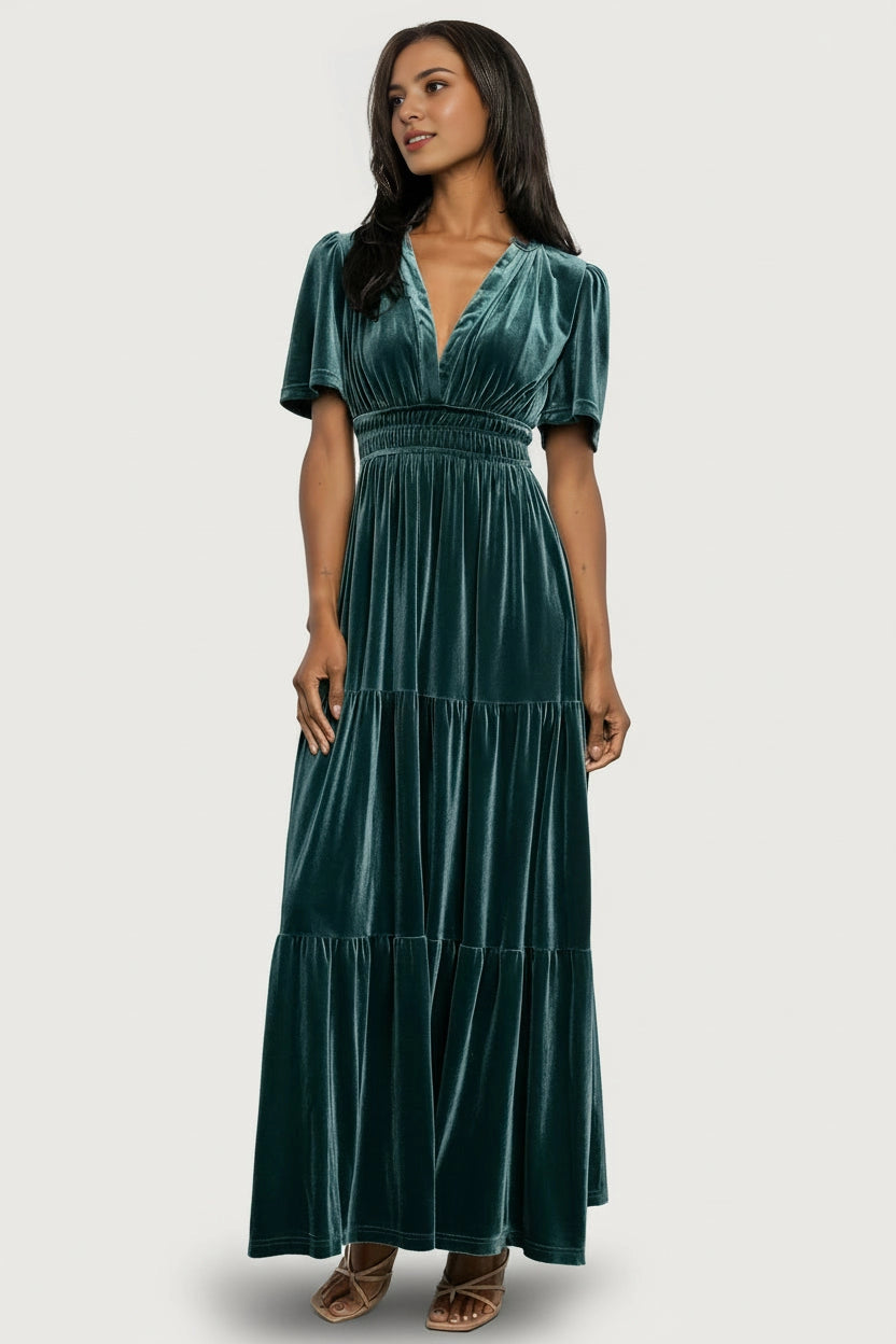 Roselledress emerald velvet bridesmaid dress a‑line v neck short sleeve tiered floor length formal maxi gown
