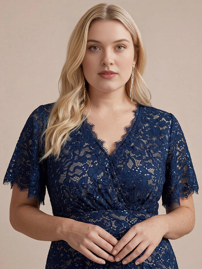 Plus Size Sequin Lace V-Neck Flutter Sleeve Long Mother of Bride Dress