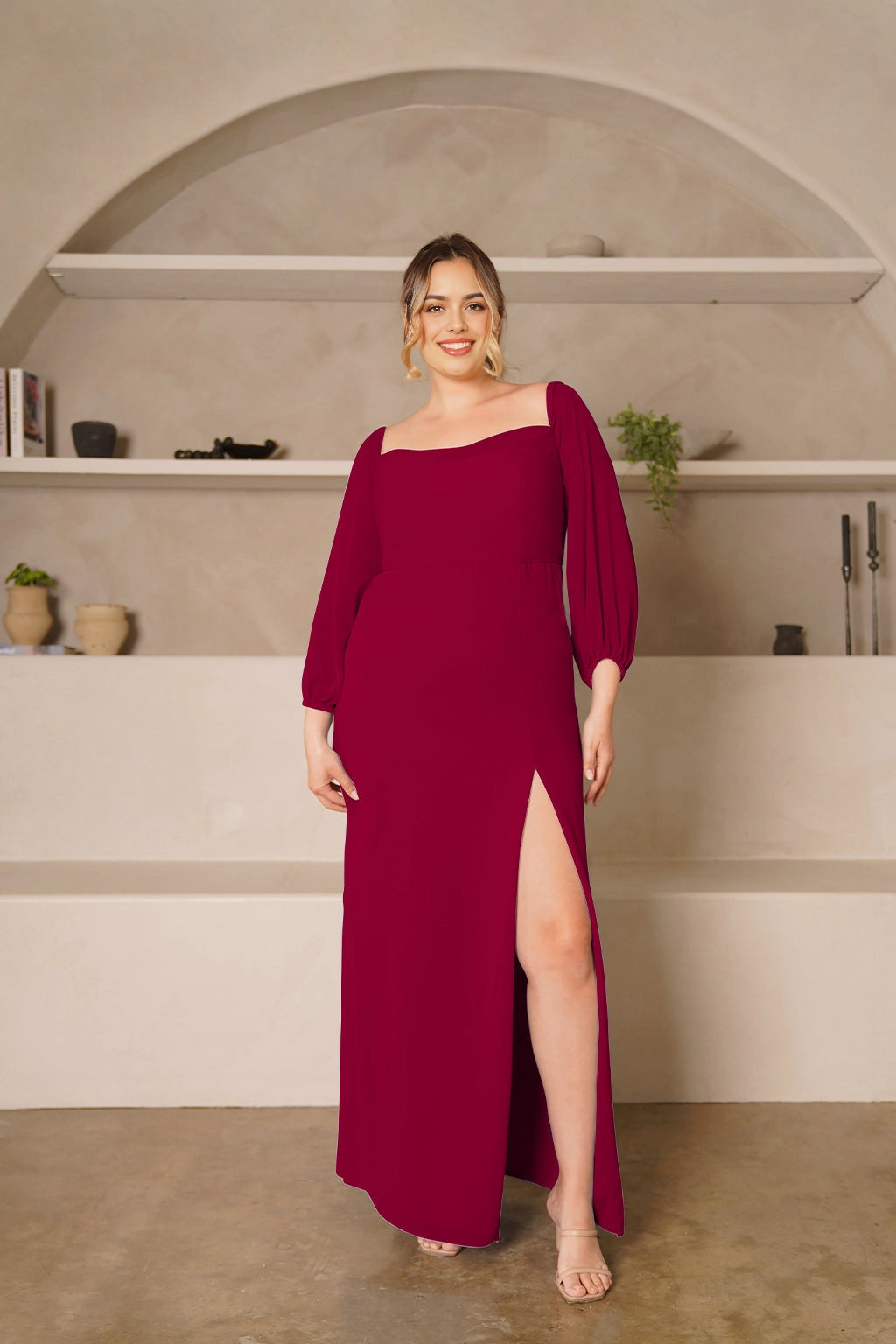 Elegant Sheath Square Neck Balloon Sleeve Zipper Back Plus Size Bridesmaid Dress