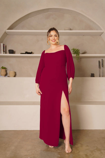 Elegant Sheath Square Neck Balloon Sleeve Zipper Back Plus Size Bridesmaid Dress