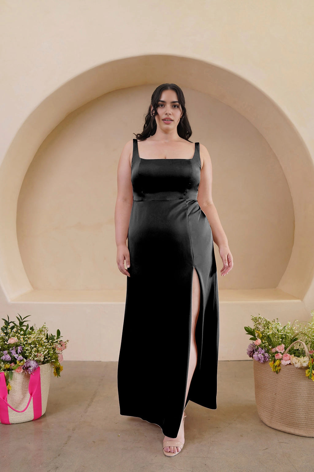 Elegant Sheath Square Neck Sleeveless Scoop Back Floor Length Bridesmaid Dress