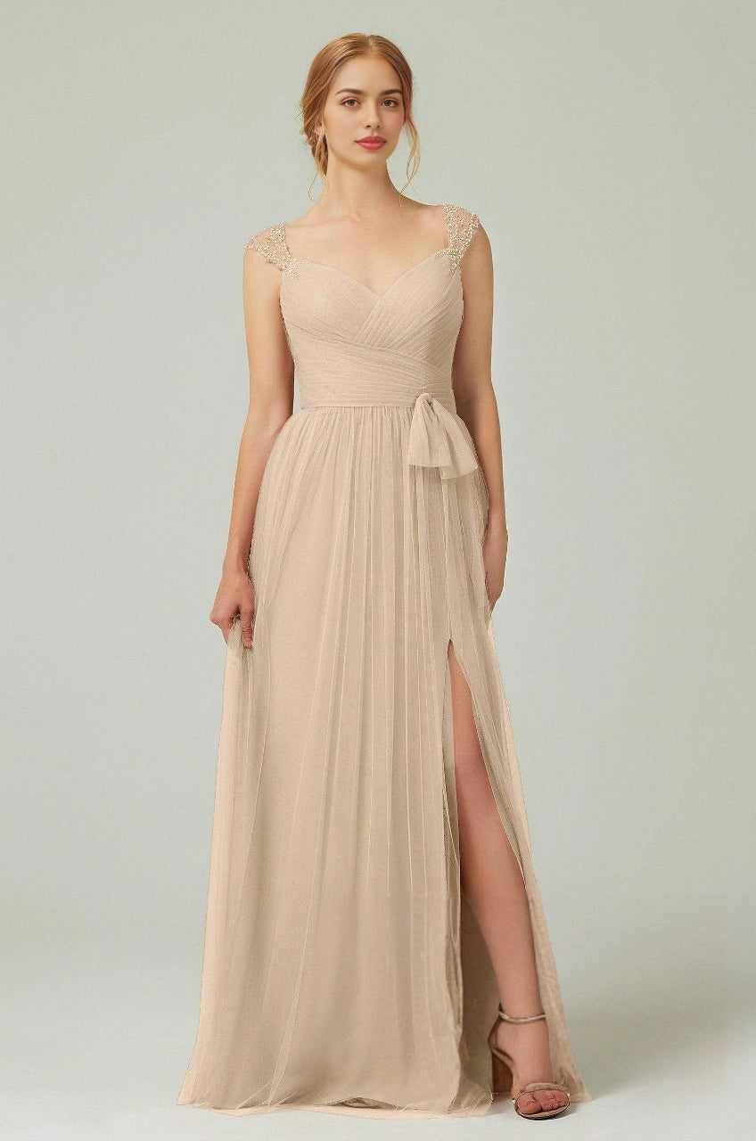 Plus Size Romantic A-Line Sweetheart Sleeveless Illusion Back Long Beaded Bridesmaid Dress