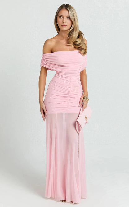 Ruched Off Shoulder Mesh High Slit Plus Size Wedding Guest Dress