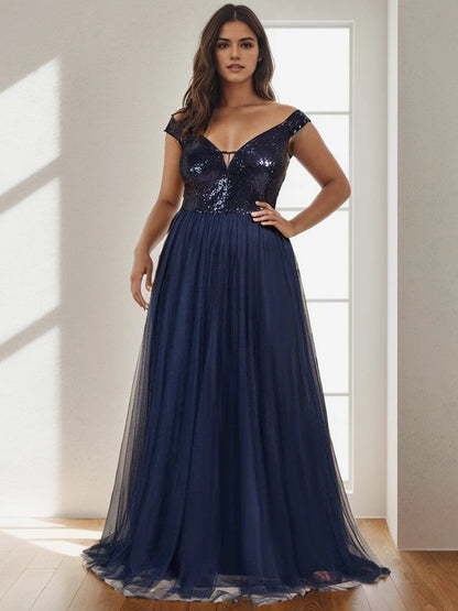 Glamorous A‑Line Off‑The‑Shoulder Cap‑Sleeve V‑Back Floor‑Length Plus Size Prom Dress