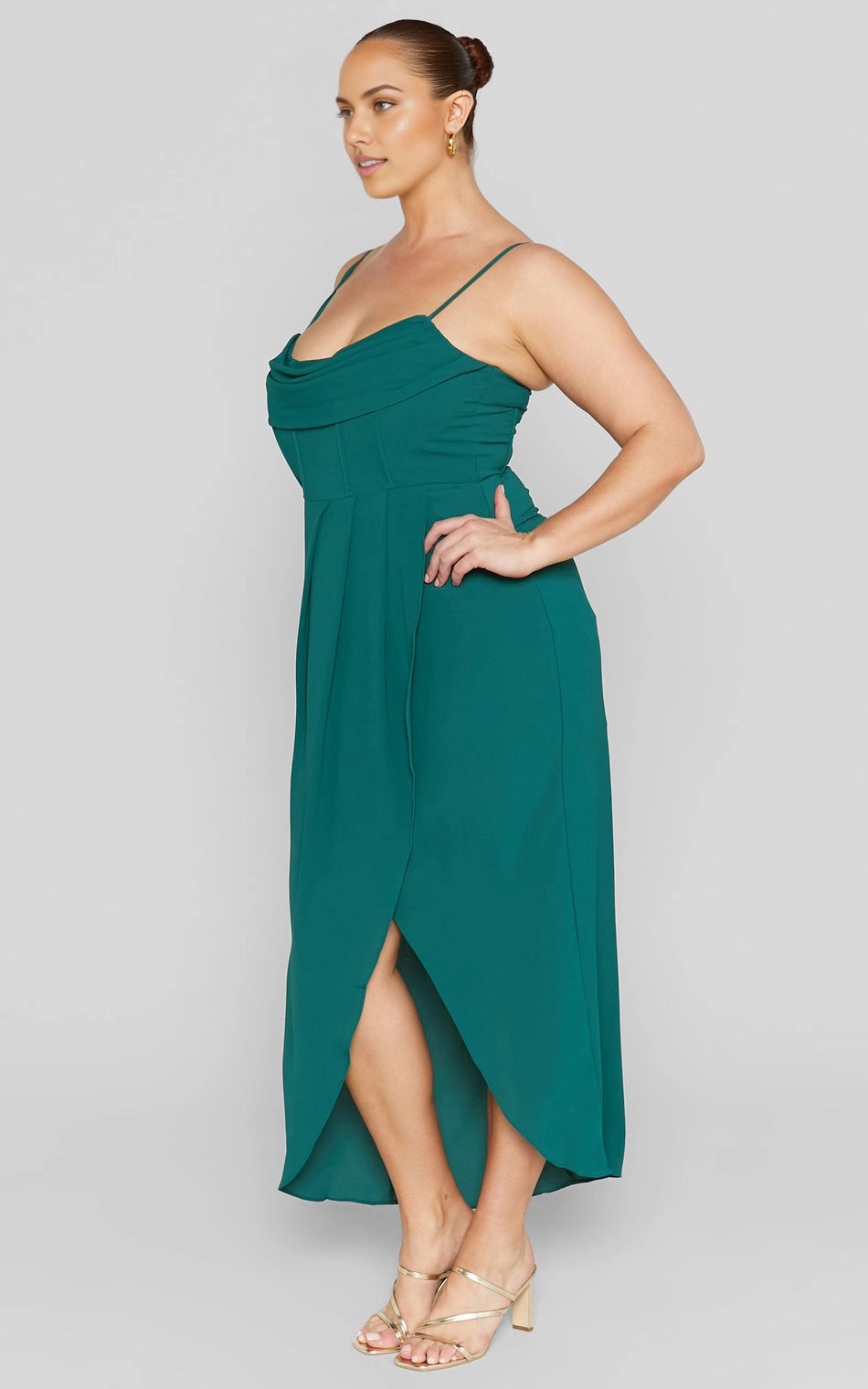 Glamorous A‑Line Cowl Neck Spaghetti Strap Open Back Slit Maxi Length Plus Size Prom Dress