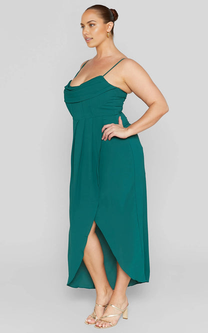 Glamorous A‑Line Cowl Neck Spaghetti Strap Open Back Slit Maxi Length Plus Size Prom Dress