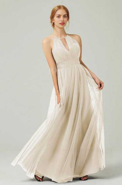 Plus Size Elegant Tulle A-Line Halter Sleeveless Open-Back Floor-Length Bridesmaid Dress