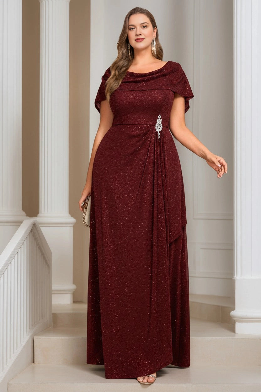 Plus Size Cowl Neck Rhinestone Brooch Draped Long Mother of Bride Dress