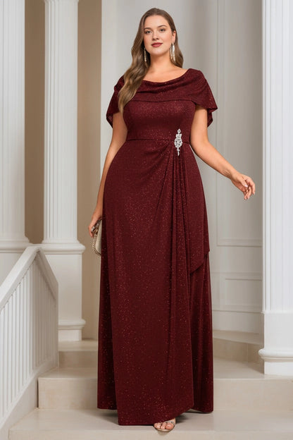 Plus Size Cowl Neck Rhinestone Brooch Draped Long Mother of Bride Dress