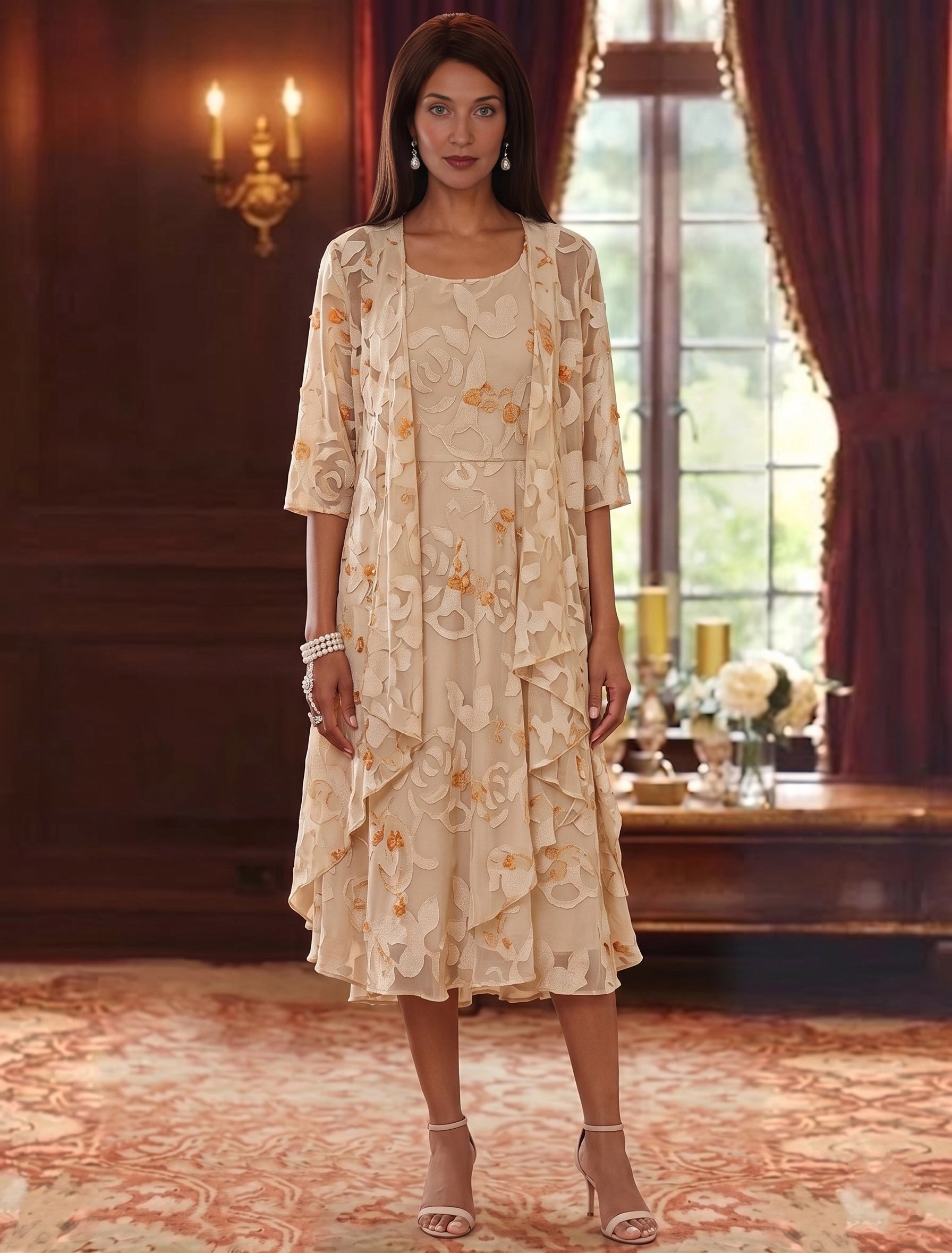 roselledress champagne beige 3d floral two piece mother of the bride dresses front view round neck three quarter sleeve open cardigan midi wedding gown
