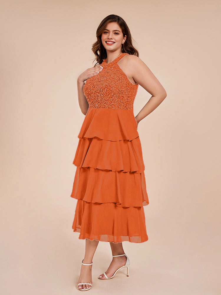elegant a‑line halter sleeveless tie‑back midi plus size wedding guest dress