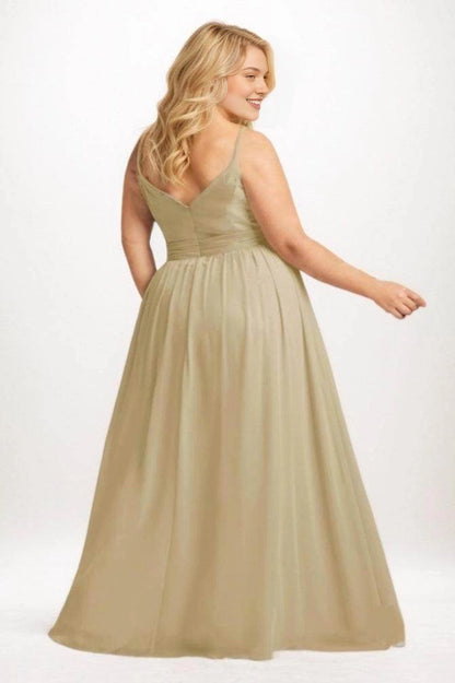 Back view of a Roselledress light sage plus size bridesmaid dress with slender straps, a V-shaped back, pleated waistband and gathered A-line skirt.