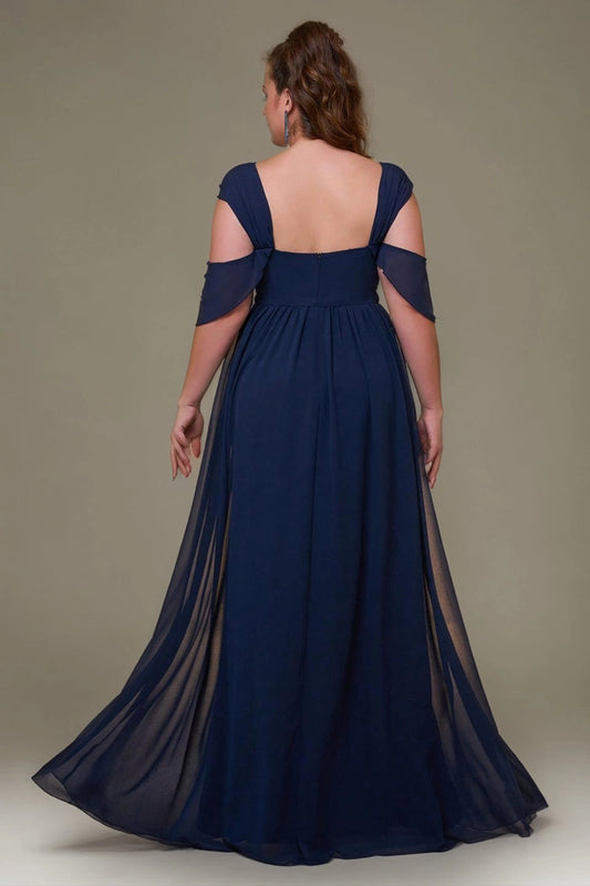 Back view Roselledress navy plus size cold shoulder a-line prom dress chiffon formal gown
