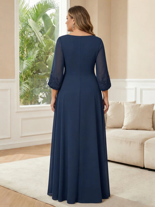 Back view roselledress round zip‑back sheer lace cuff 3/4 sleeve chiffon floor‑length plus size wedding guest gown
