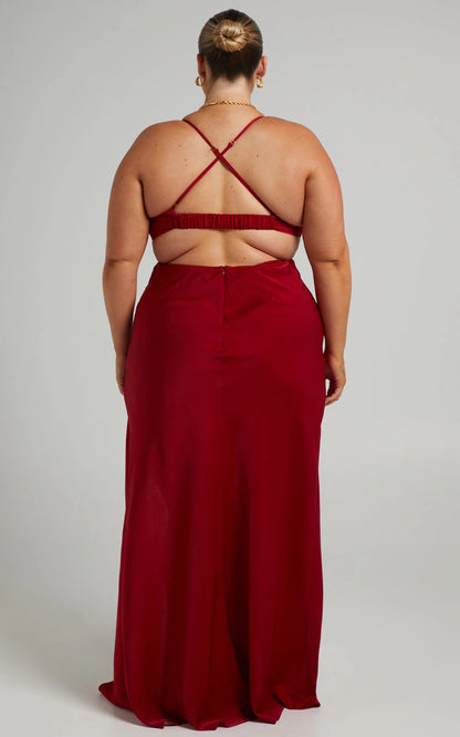 Roselledress satin formal dress plus size spaghetti strap criss cross open back party dress back view