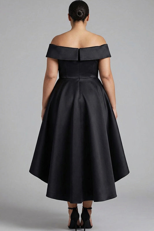 roselledress plus size black off shoulder midi formal dress solid back short sleeve high low evening gown