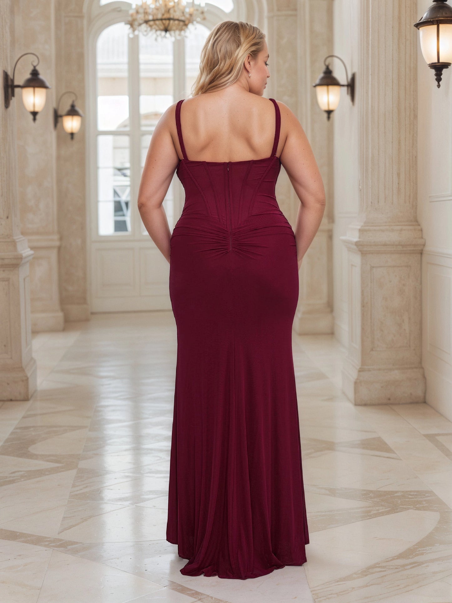 RoselleDress emerald green plus size wedding guest dress corset back ruched detail mermaid gown back‑zipper back view