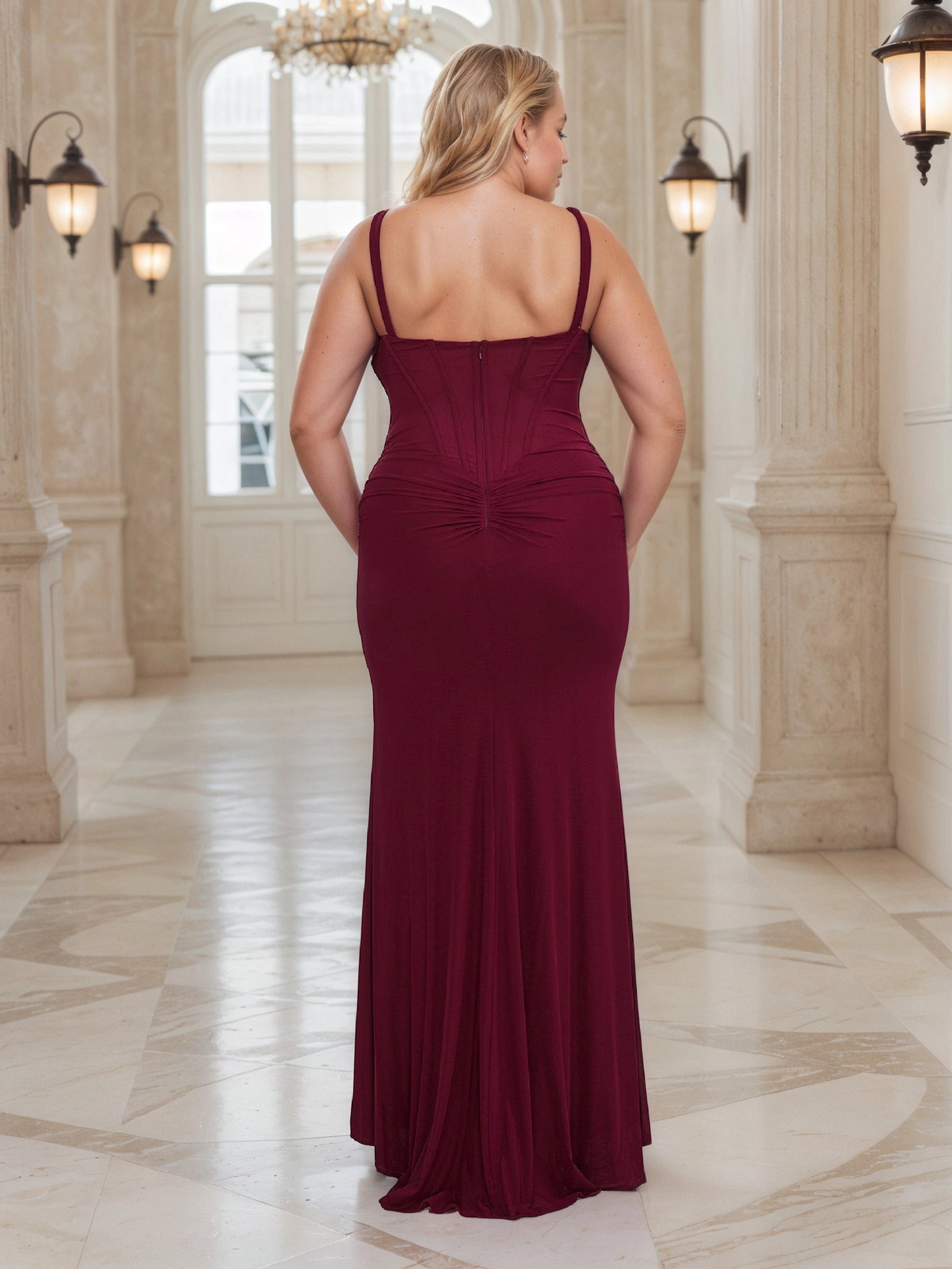 RoselleDress emerald green plus size wedding guest dress corset back ruched detail mermaid gown back‑zipper back view