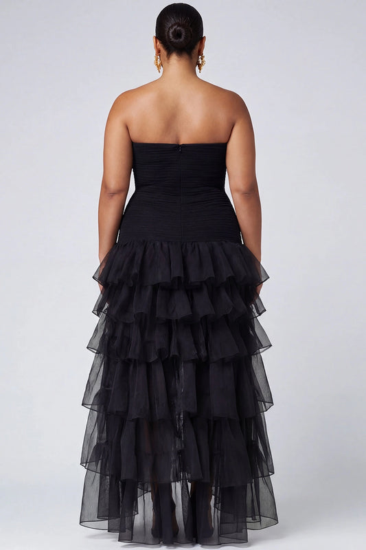roselledress plus size black strapless tulle formal dress straight back ruffle layered evening gown