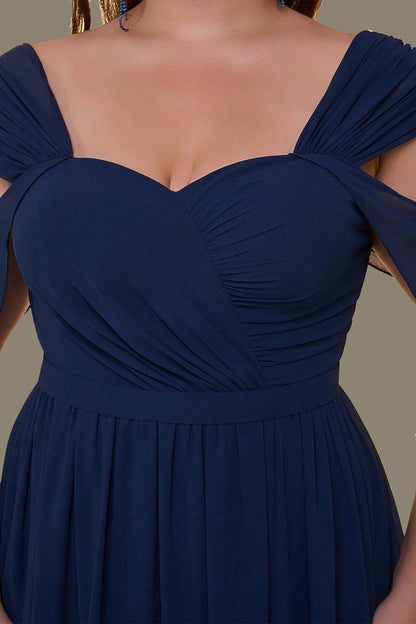Navy Plus Size A-Line Sweetheart Cold Shoulder Closed Back Long Prom Dress
