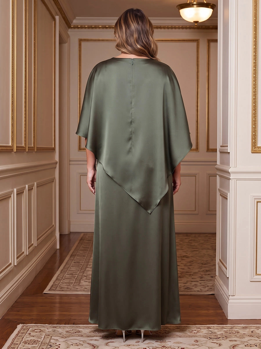 Model wearing roselledress olive green satin wedding guest dress cape overlay invisible zip back rear view