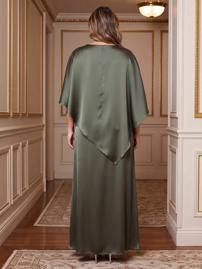 Model wearing roselledress olive green satin wedding guest dress cape overlay invisible zip back rear view